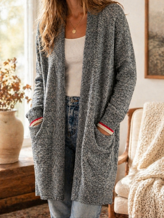 Roots Sweaters - Roots Cabin Long Open Cardigan Sweater Grey Marled Duster Pockets Cozy Cottage